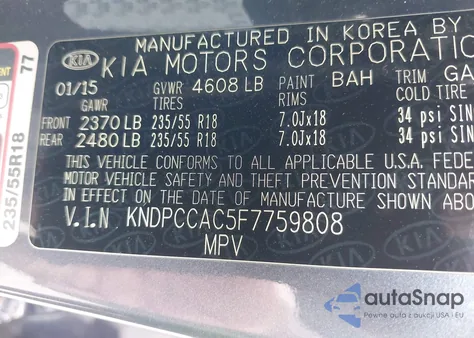 2015 Kia Sportage Ex z USA, uszkodzony, nr VIN KNDPCCAC5F7759808